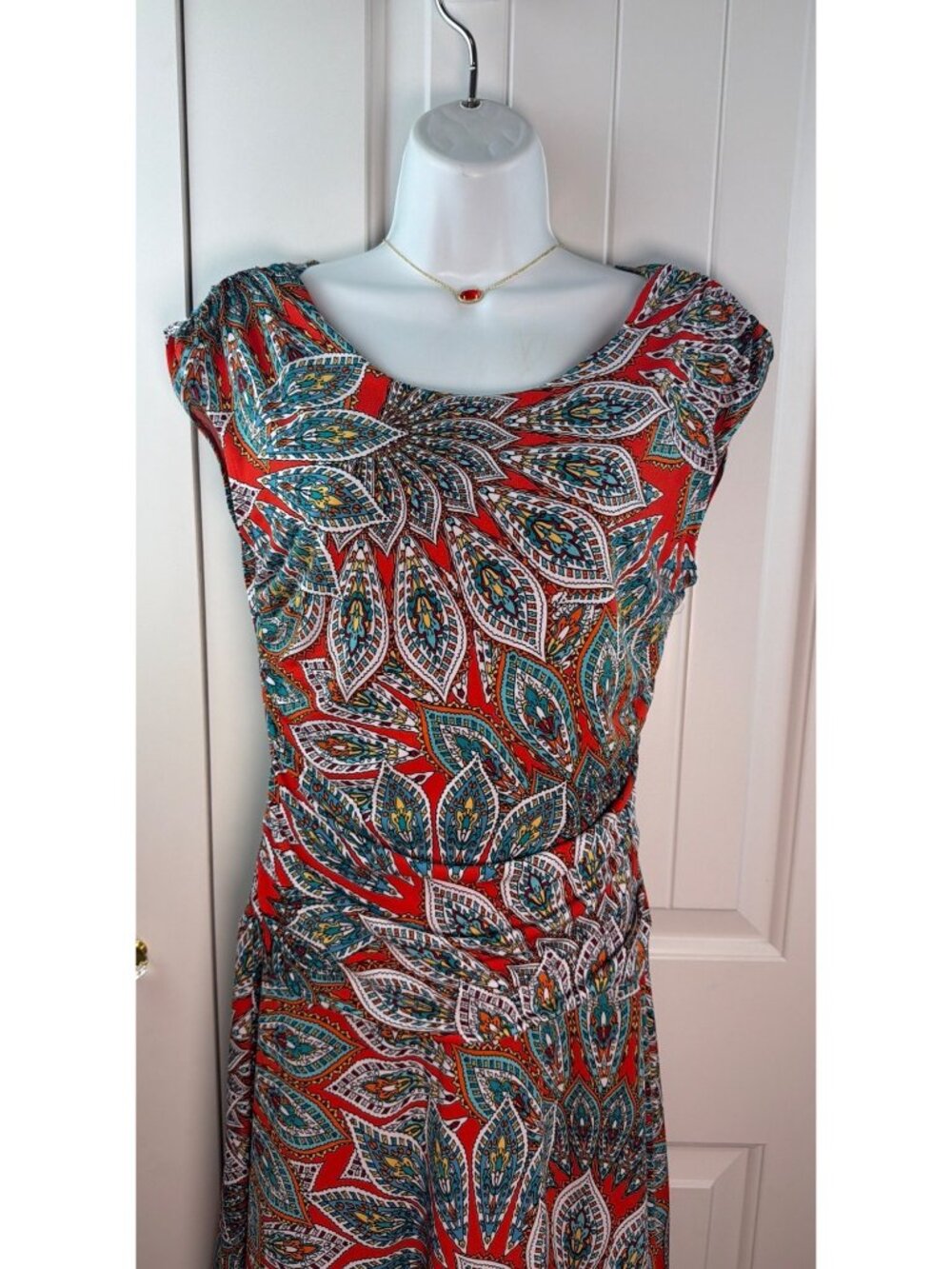 Enfocus Studio Red & Teal Paisley Ruched Sleeveless Midi Dress, Size 10 - Picture 2 of 8